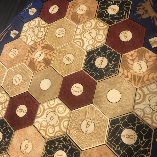 5-6 Player Blue Stained Catan Compatible  Board Set with Laser Etched Terrain, Border and Number Pieces