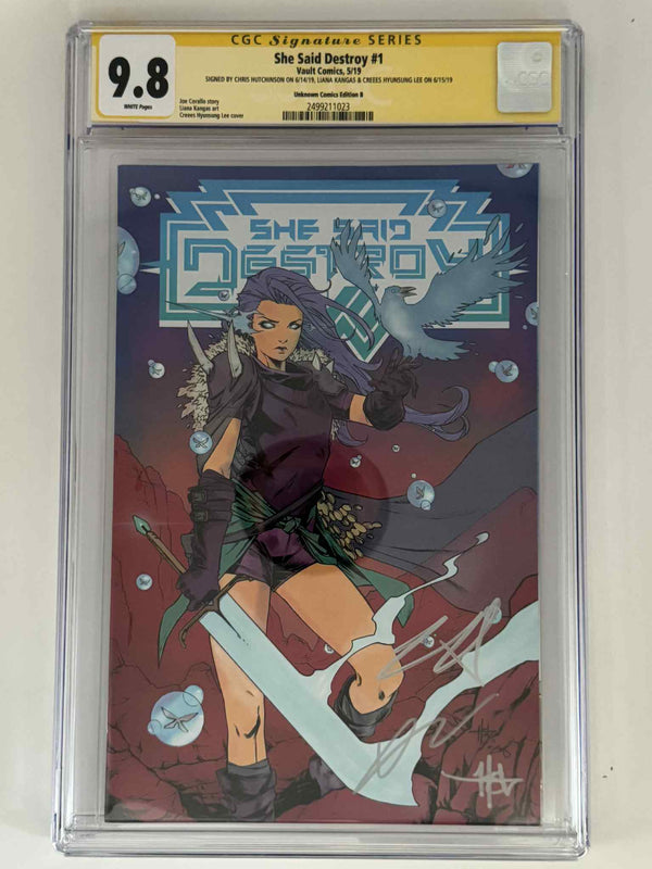 [Triple Signed by Chris Hutchinson | Liana Kangas | Creees Hyunsung Lee] She Said Destroy #1 CGC 9.8 Yellow Label Creees Exclusive Var