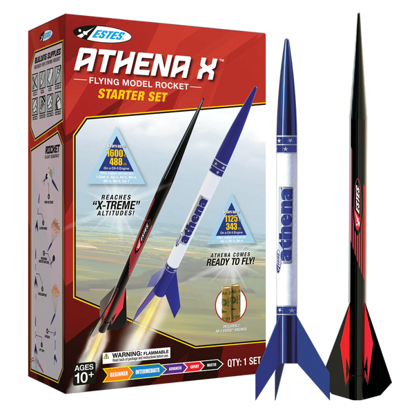 Estes Athena X model rocket starter set with packaging on a white background