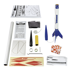 Model rocket kit with various components on a white background