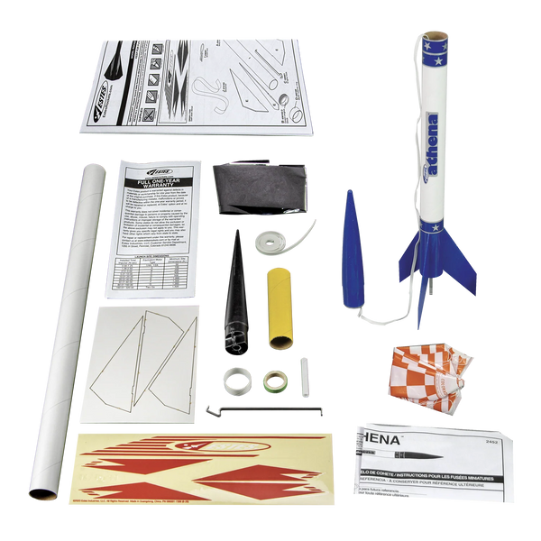 Model rocket kit with various components on a white background