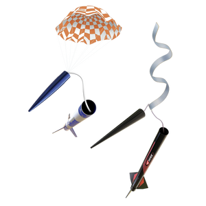 Two model rockets with checkered canopy and wavy exhaust on a white background