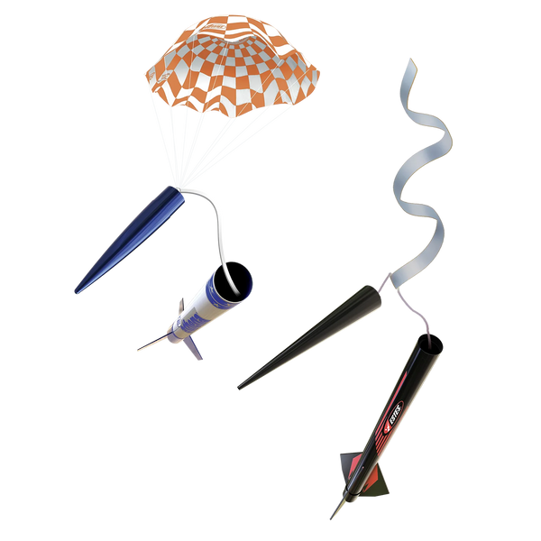 Two model rockets with checkered canopy and wavy exhaust on a white background