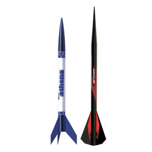 Two model rockets, one blue and white with 'Athena' branding, the other black and red, on a white background.