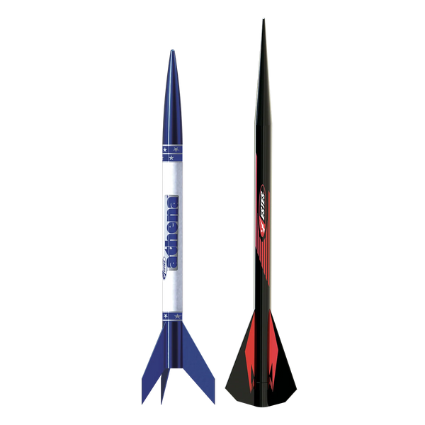 Two model rockets, one blue and white with 'Athena' branding, the other black and red, on a white background.