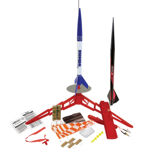 Model rocket kit with launch stand and components on a white background