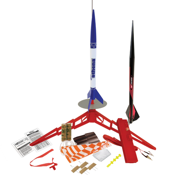 Model rocket kit with launch stand and components on a white background