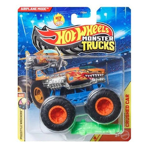 Hot Wheels Monster Trucks 1:64 Scale Vehicle 2026 - Select Vehicle(s) (5393) featuring a detailed miniature monster truck with large black and orange wheels, vibrant flames, and aggressive shark face design, perfect for collectors and hobby enthusiasts. Built for Builders. Driven by Discovery. STEM • RC • Drones • Makers • Adventure.