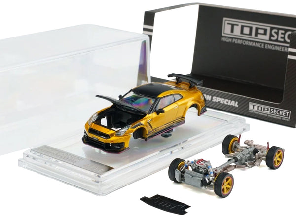 Nissan "Top Secret" GT-R (R35) RHD (Right Hand Drive) Gold Metallic with Carbon Hood and Top "Tokyo Auto Salon 2026" 1/64 Diecast Model Car by BM Creations