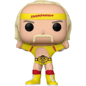 Funko Pop! vinyl figure of a wrestler in yellow outfit with 'Hulkamania' headband on a white background