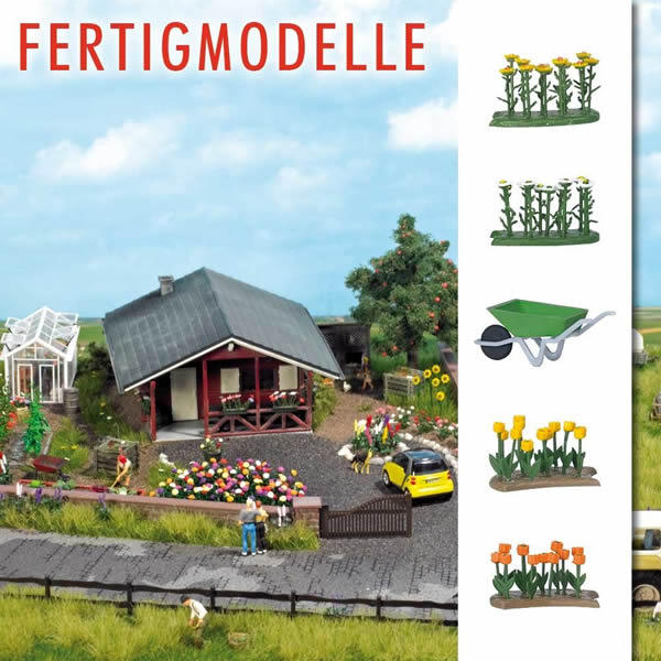 Black Forest® Hobby Supply Co Busch 1231 HO Scale Tulips & Oxeye Daisies w/Wheelbarrow - Kit — HO Scale Scenery > Busch