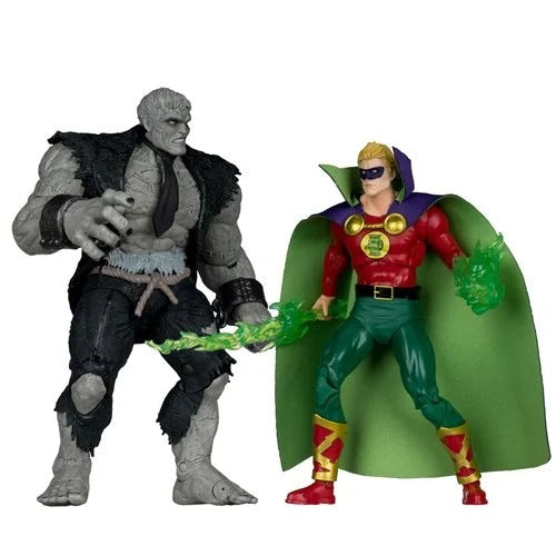 Two action figures, one gray and muscular, the other in colorful superhero costume with green cape, on white background.