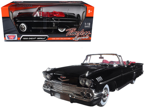 1958 Chevrolet Impala Convertible Black with Red Interior "Timeless Classics" 1/18 Diecast Model Car by Motormax