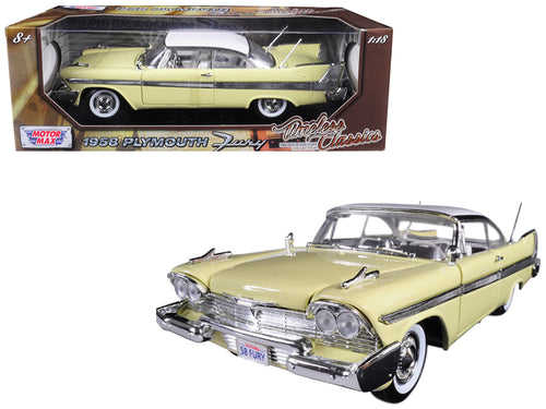 1958 Plymouth Fury "Timeless Classics" Yellow with White Top 1/18 Diecast Model Car by Motormax — physical