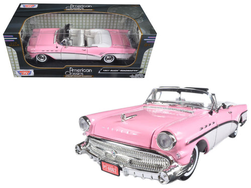 1957 Buick Roadmaster Convertible Pink and White 1/18 Diecast Model Car by Motormax — physical