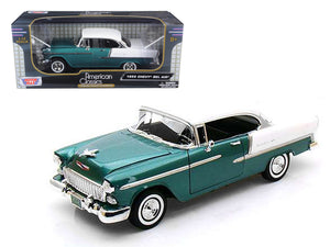1955 Chevrolet Bel Air Hard Top Green Metallic and White 1/18 Diecast Model Car by Motormax — physical