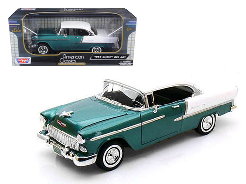 1955 Chevrolet Bel Air Hard Top Green Metallic and White 1/18 Diecast Model Car by Motormax — physical