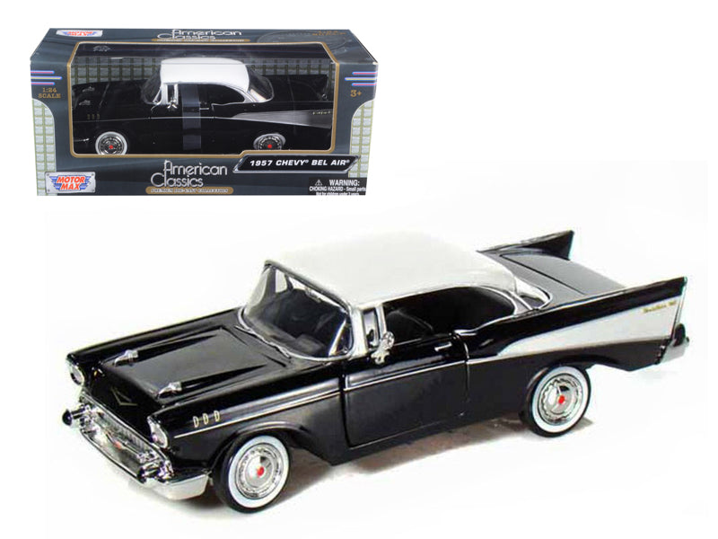 1957 Chevrolet Bel Air Black with White Top 1/24 Diecast Model Car by Motormax — physical