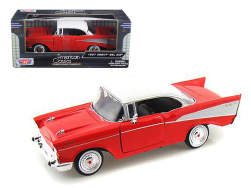 1957 Chevrolet Bel Air Red with White Top 1/24 Diecast Model Car by Motormax — physical