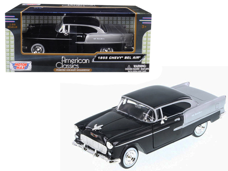 1955 Chevrolet Bel Air Black and Silver 1/24 Diecast Model Car by Motormax — physical