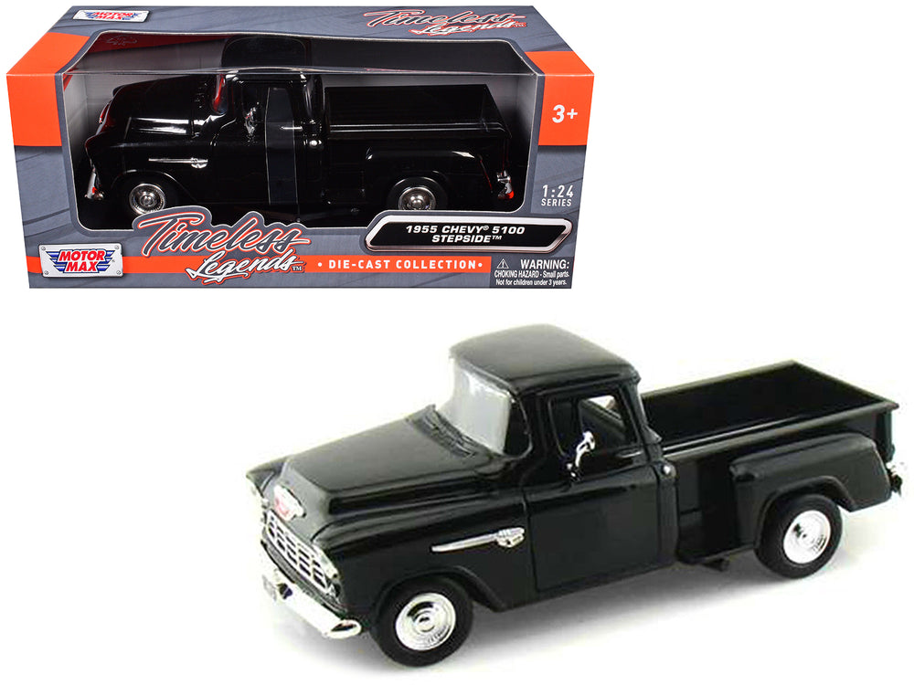 1955 Chevrolet 5100 Stepside Pickup Truck Black 1/24 Diecast Car Model by Motormax — physical