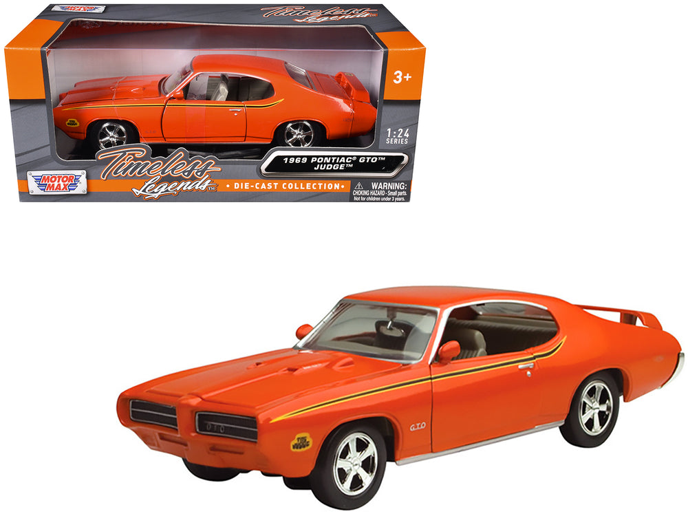 1969 Pontiac GTO Judge Orange with Stripes 1/24 Diecast Model Car by Motormax — physical