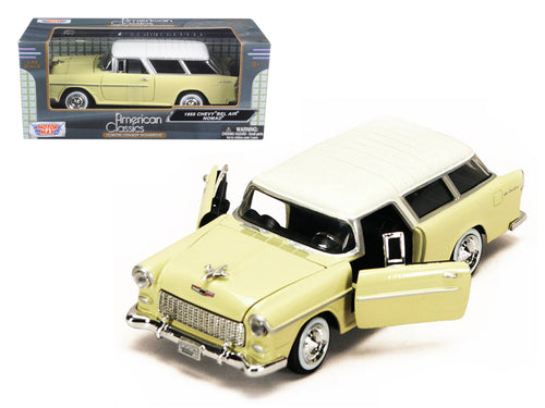 1955 Chevrolet Bel Air Nomad Yellow with White Top 1/24 Diecast Model Car by Motormax — physical