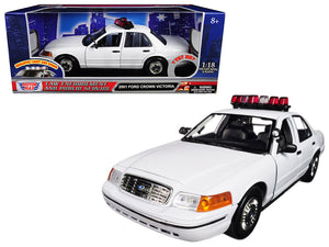 2001 Ford Crown Victoria Police Car Plain White with Flashing Light Bar and Front and Rear Lights and Sounds 1/18 Diecast