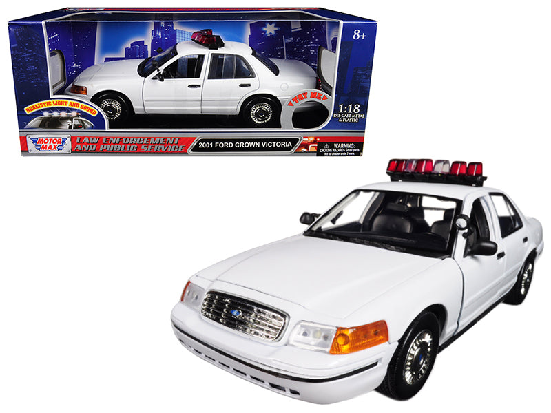 2001 Ford Crown Victoria Police Car Plain White with Flashing Light Bar and Front and Rear Lights and Sounds 1/18 Diecast