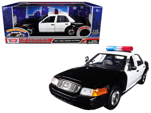 2001 Ford Crown Victoria Police Car Plain Black & White with Flashing Light Bar & Front and Rear Lights and Sound 1/18