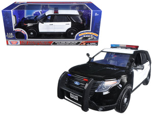 2015 Ford Police Interceptor Utility Black and White with Flashing Light Bar and Front and Rear Lights and 2 Sounds 1/18