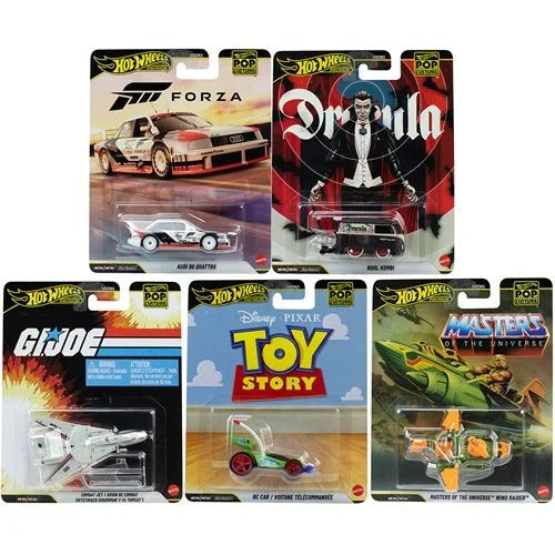 Five Hot Wheels Pop Culture 2026 - Select Vehicle(s) collectible diecast cars, featuring Forza Audi 90 Quattro, Dracula Model Abarth, G.I. Joe Cobra Jet, Toy Story RC Car, and Masters of the Universe Wind Raider, displayed in their original packaging.