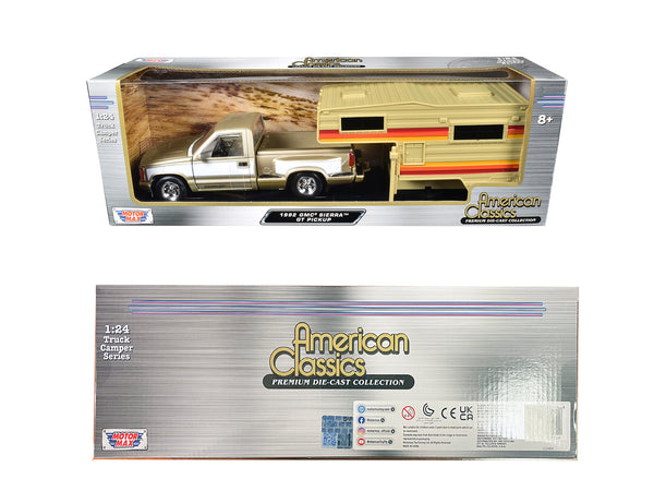 1992 GMC Sierra GT Pickup Truck Gold Metallic with White Sides with Camper Shell "American Classics" Series 1/24 Diecast Model Car by Motormax