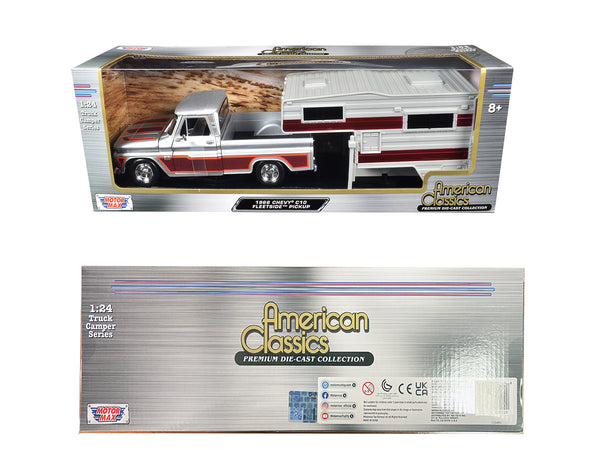 1966 Chevrolet C10 Fleetside Pickup Truck Silver Metallic with Brown Sides with Camper Shell "American Classics" Series 1/24 Diecast Model Car by Motormax