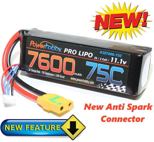 Powerhobby 3S 11.1V 7600mAh 75C Lipo Battery w XT90 Anti Spark Plugs 3-Cell