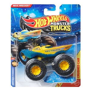 Hot Wheels Monster Trucks 1:64 Scale Vehicle 2026 - Select Vehicle(s) (5393) in packaging, featuring a yellow Wave Wrecker monster truck with oversized wheels, perfect for collectors and STEM learning enthusiasts.