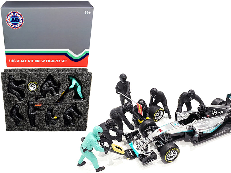 Formula One F1 Pit Crew 7 Figurine Set Team Black for 1/18 Scale Models by American Diorama — Scale Model Accessories