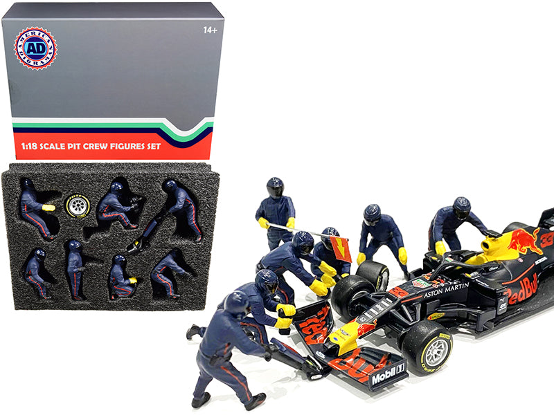 Formula One F1 Pit Crew 7 Figurine Set Team Blue for 1/18 Scale Models by American Diorama — Scale Model Accessories