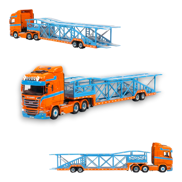 Flame Scania Car Carrier Blue & Orange 1:64