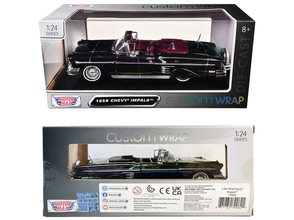 1958 Chevrolet Impala Green and Purple Chrome "Custom Wrap" Series 1/24 Diecast Model Car by Motormax