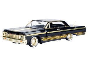 1964 Chevrolet Impala Lowrider Black with Gold Graphics and Wheels "Midnight Eclipse" Series 1/24 Diecast Model Car by Motormax