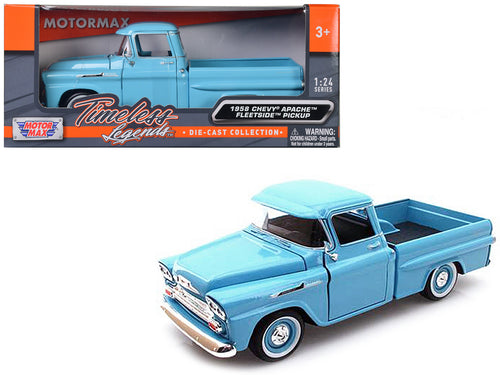 1958 Chevrolet Apache Fleetside Pickup Truck Light Blue 1/24 Diecast Model Car by Motormax — physical