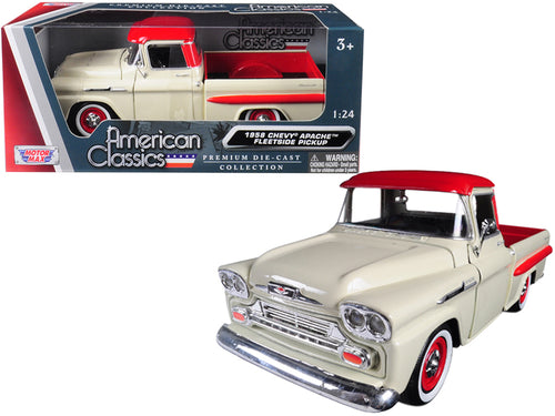 1958 Chevrolet Apache Fleetside Pickup Truck Cream with Red Top 1/24 Diecast Model Car by Motormax — physical