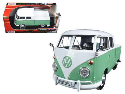 Volkswagen Type 2 (T1) Double Cab Pickup Truck White and Green 1/24 Diecast Model Car by Motormax — physical