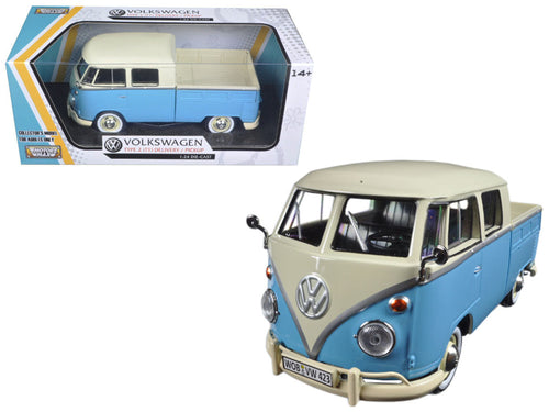 Volkswagen Type 2 (T1) Double Cab Pickup Truck Light Blue and Cream 1/24 Diecast Model Car by Motormax — physical
