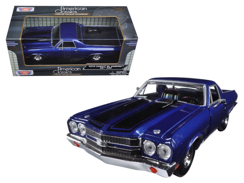 1970 Chevrolet El Camino SS 396 Dark Blue Metallic with Black Stripes 1/24 Diecast Model Car by Motormax — physical