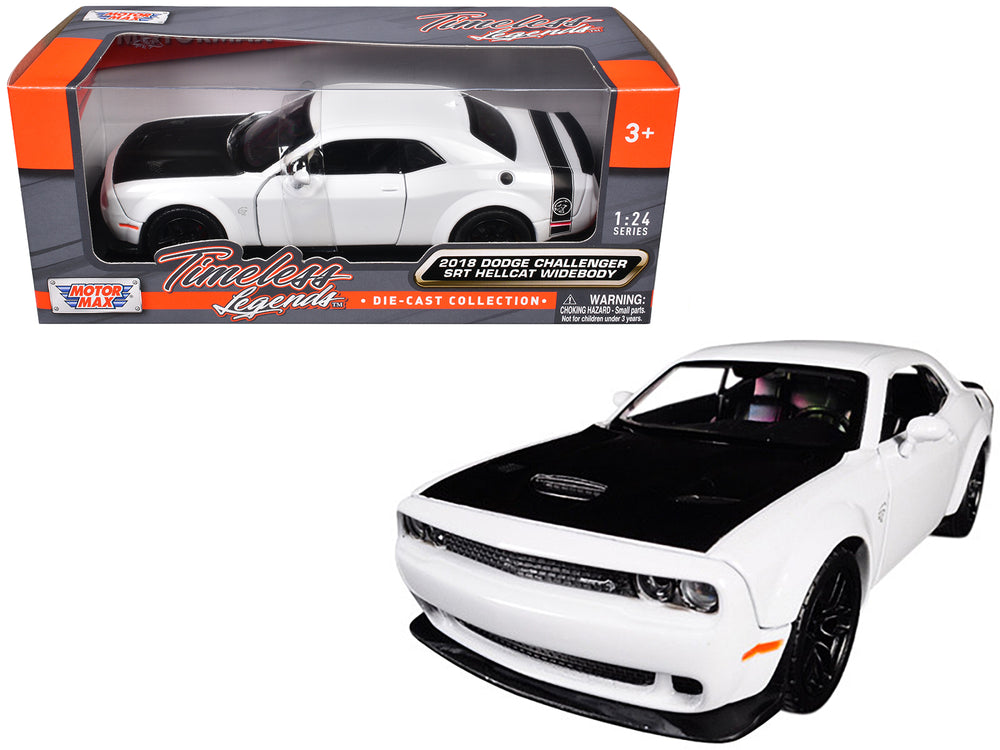 2018 Dodge Challenger SRT Hellcat Widebody White with Black Hood 1/24 Diecast Model Car by Motormax — physical