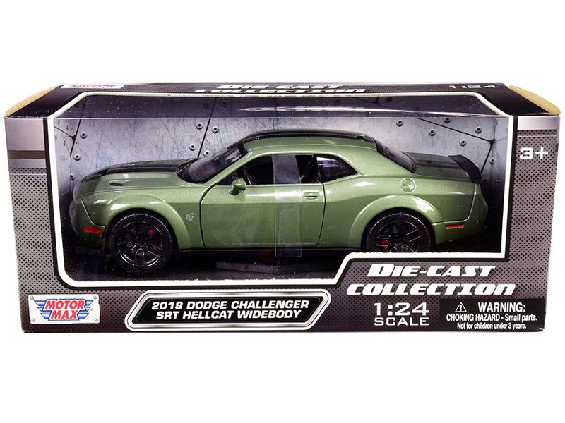 2018 Dodge Challenger SRT Hellcat Widebody Green Metallic with Black Stripes 1/24 Diecast Model Car by Motormax — physical