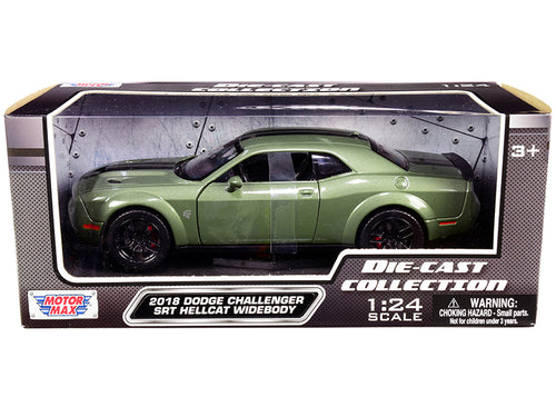 2018 Dodge Challenger SRT Hellcat Widebody Green Metallic with Black Stripes 1/24 Diecast Model Car by Motormax — physical