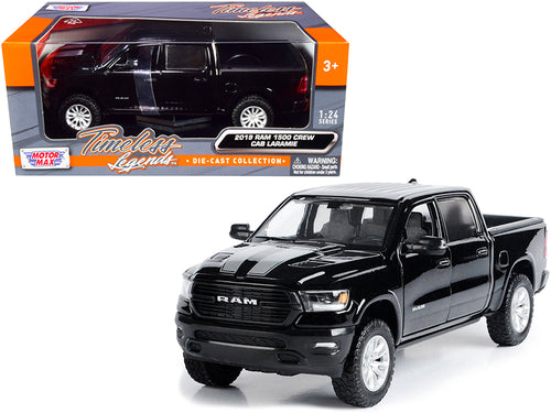 2019 RAM 1500 Laramie Crew Cab Pickup Truck Black with Silver Stripes 1/24 Diecast Model Car by Motormax — physical